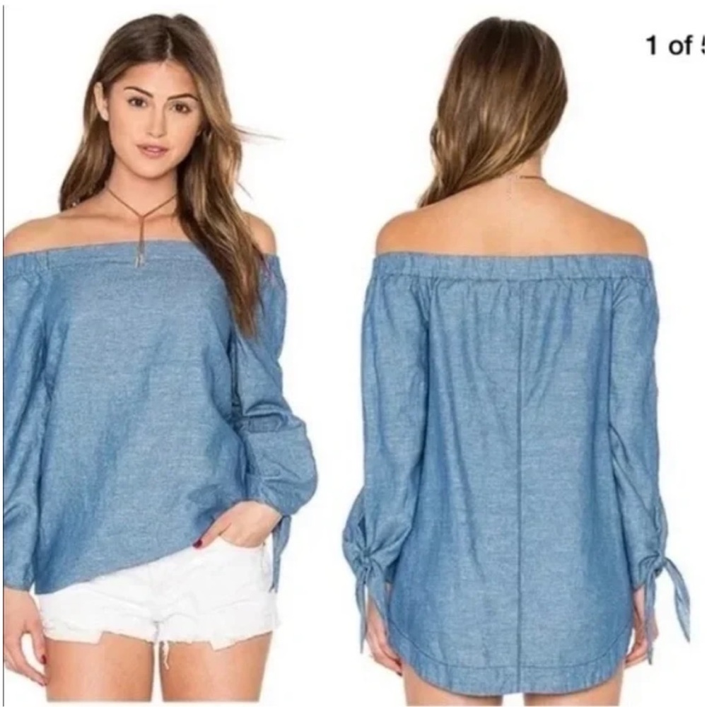Free people off the shoulder chambray top, size small - Picture 2 of 7
